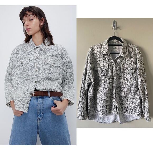 Zara Jackets & Blazers - ZARA-OVERSIZED Animal Print Button Down Denim Top (Size:Small)